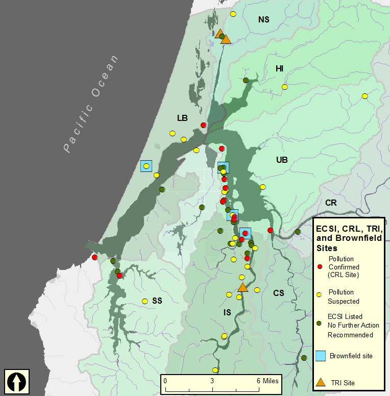 Figure 13. Location of potential sediment pollution sources (green, yellow, blue) and documented pollution sources (red) Source: ODEQ n.d., USEPA 2014a 