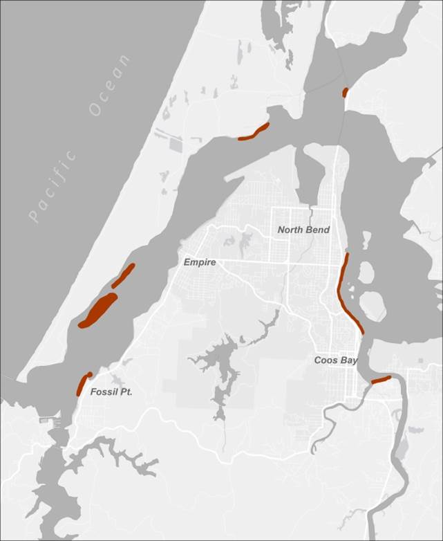 Figure 4: Site locations of Miller and McRae study on Pacific herring, including location of the Fossil Pt. station. Data: Miller and McRae 1978. 