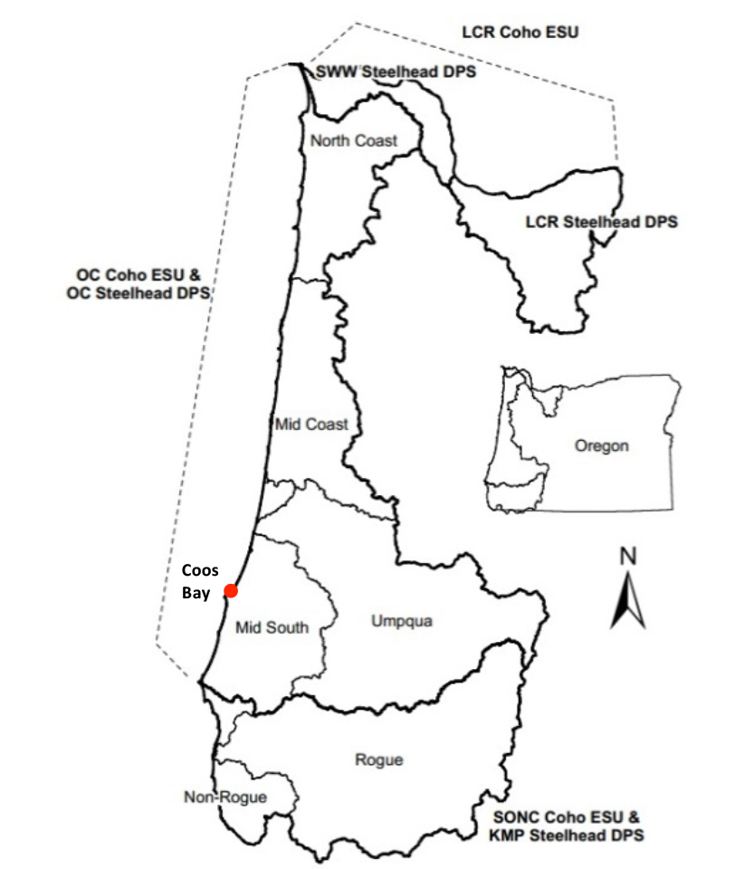 Figure 10. The spatial extent of Coho and steelhead monitoring areas, evolutionarily significant units (ESU), and distinct population segments (DPS) Graphic: Constable and Suring 2013; Codes: LCR- Lower Columbia River, SWW- Southwest Washington, OC- Oregon Coast, SONC- Southern Oregon Northern California, KMP- Klamath Mountain Province