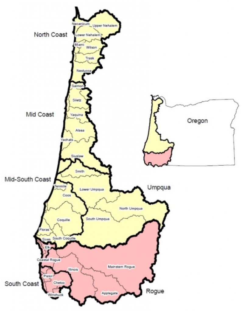 Figure 16. OASIS map of monitoring areas for winter steelhead. Monitoring areas are divided between two Oregon Coast Distinct Population Segments (DPS). The Oregon Coast DPS is shaded above in yellow, and the Klamath Mountain Province DPS is in pink. Graphic: Jacobsen et al. 2013