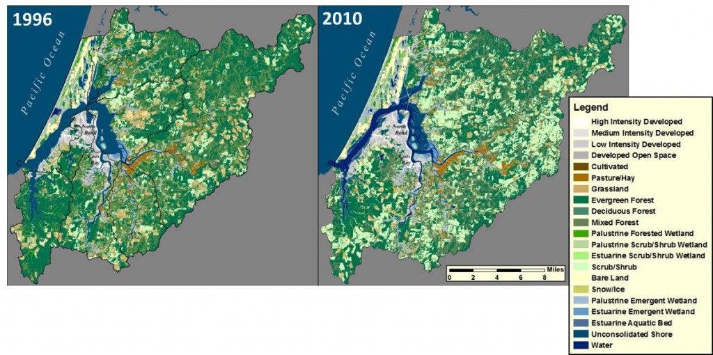 Figure 10. Land cover change from 1996 to 2010. Dark green colors represent forest cover; light green colors delineate scrub/shrub cover. Data: C-CAP 2014