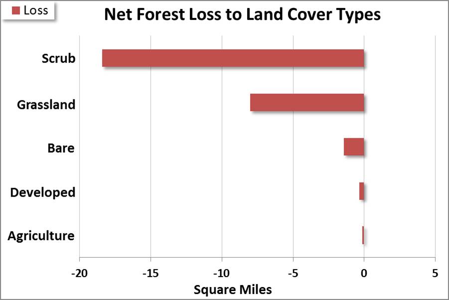 Figure 11. Net loss of all forest types (evergreen, deciduous and mixed) to different land cover type categories from 1996 to 2010. “Bare” land covers include unconsolidated shores, and barren lands. “Developed” groups low, medium and high intensity development with developed open space. “Agriculture” combines pasture/hay with cultivated crop land. Data: C-CAP 2014