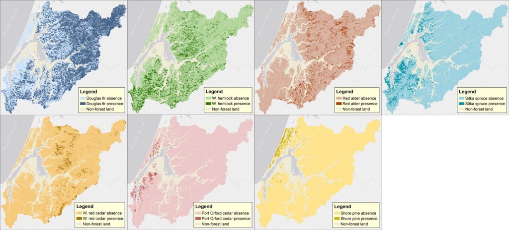 Figure 15. Land cover by dominant tree species in the project area. Dominant species with less than 1% cover across the project area are not shown (e.g. white fir, grand fir, white fir/grand fir cross, bigleaf maple, vine maple, white alder, bay laurel). Data: LEMMA 2014a