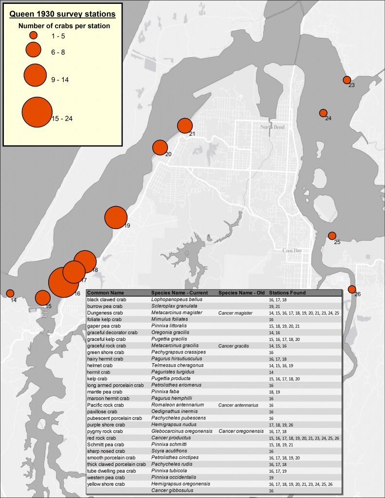 Figure 2. Location of Queen’s 1930 study sites. Size of symbol over each station shows the proportional number of crab species found at that station. Also shown is a complete list of species and where they were found.