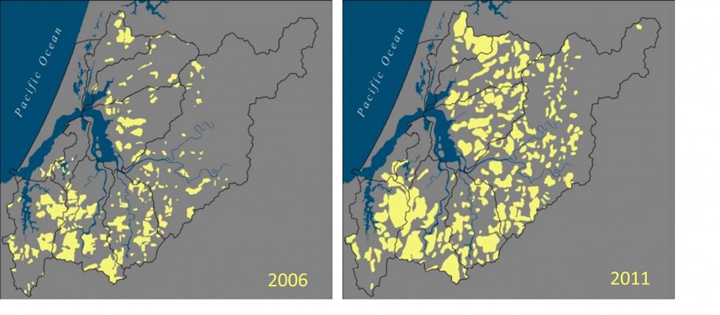 Figure 20. Spatial extent of Swiss needle cast disease in Douglas-fir populations in the project area in 2006 and 2011 (the lowest and highest (respectively) SNC occurrences betrween 2006 and 2014). Data: ODF 2014b.