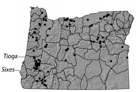 Figure 10. Location of serologically positive AHD samples collected from deer, elk, and captive reindeer in Oregon (2003-2005. Caption and Figure: ODFW 2006 