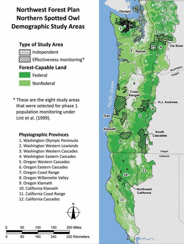 Figure 12. Demographic study areas (shaded) and physiographic Provinces (numbered) for northern spotted owl status and trends study. Study areas are comprised primarily of federal lands administered under the Northwest Forest Plan. Figure: Davis et al. 2011