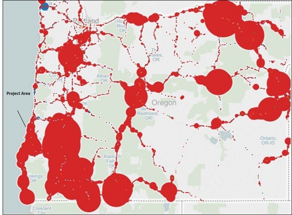 Figure 14. Heat map of Oregon Department of Transportation reported deer death (2007-2013) showing deer collision “hot spots” in Oregon. The size of the red dot indicates the number of reported deer fatalities, with large dots corresponding to more deer deaths. The most reported collisions in proximity to the project area during these years have occurred on highway OR-42. These data include only Oregon state highways and U.S. interstates. They are likely to underestimate the total number of deer mortalities from collisions, because many collisions with deer go unreported. Similarly, deer may not die immediately after collision in many cases. Data: ODOT 2014 