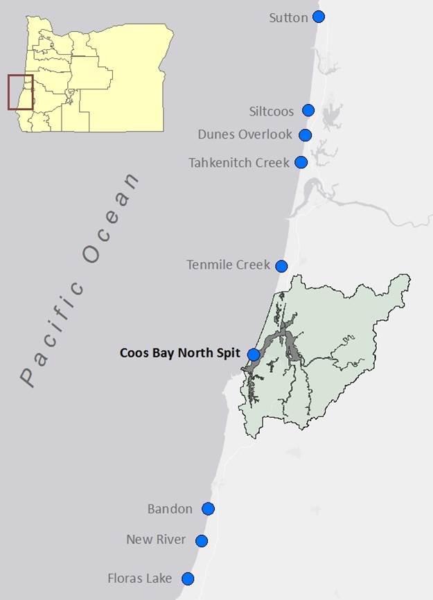 Figure 2. The location of nine snowy plover monitoring sites on the southern Oregon coast, including one site in the Lower Bay Subsystem (bold). The study area is highlighted above (green). Source: Lauten et al. 2012