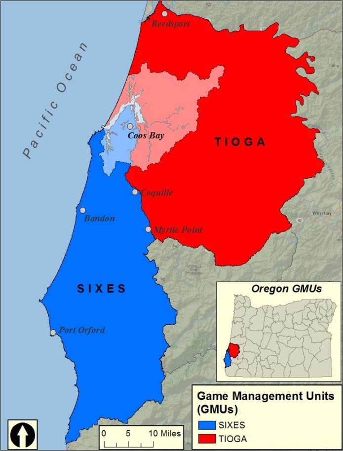 Figure 2. Game Management Units in proximity to the project area (white). The project area contains part of both the Sixes (blue) and the Tioga (red) GMU. Data: ODFW 2010.