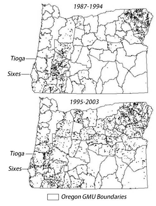 Figure 21. Approximate density of cougar populations in Oregon as shown by cougar mortalities (hunting and non-hunting) between 1987-1994 (top) and 1995-2003 (bottom). Figure: ODFW 2006 