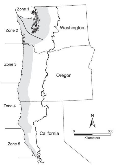 Figure 9. The five marine marbled murrelet conservation zones adjacent to the Northwest Forest Plan (NWFP) area. The inland breeding distribution within the NWFP area is shaded, and the Plan boundary is outlined. Data and caption: Raphael et al. 2011 