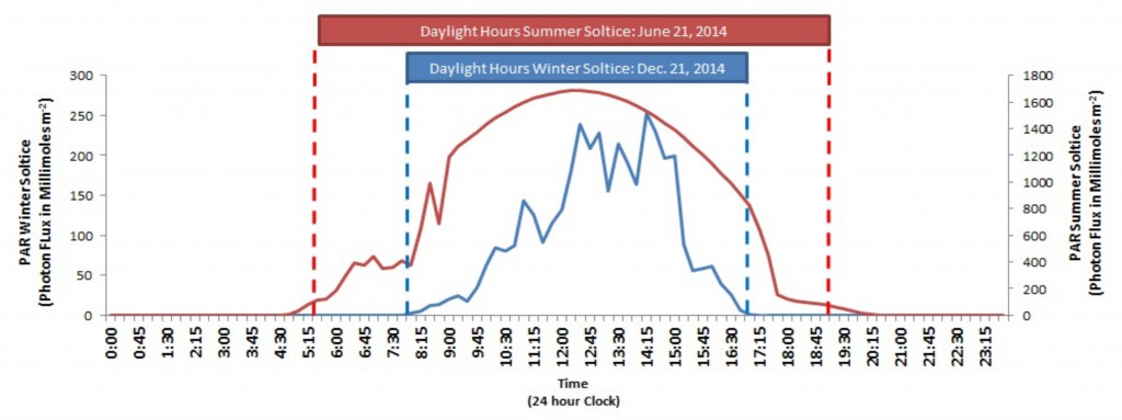 Figure 8.  PAR over the course of a single day shows a daily pattern of peak solar radiation during the afternoon. Radiation occurs during daylight hours between sunrise and sunset (dashed lines). Radiation is strongest during the summer months. PAR Data: SWMP 2015; Daylight Hours Data: TimeandDate.com 2015