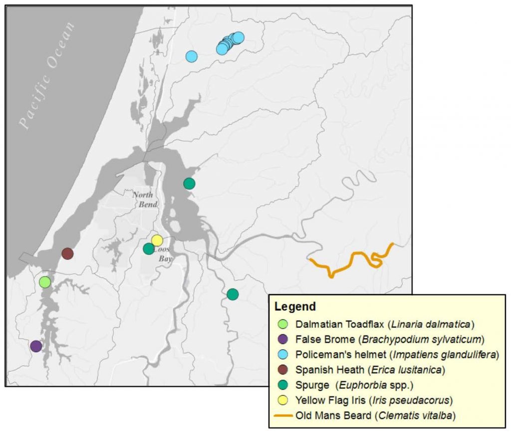 Locations of select non-native invasive plants established in the project area in isolated populations or species that are currently being targeted for removal or control actions.
